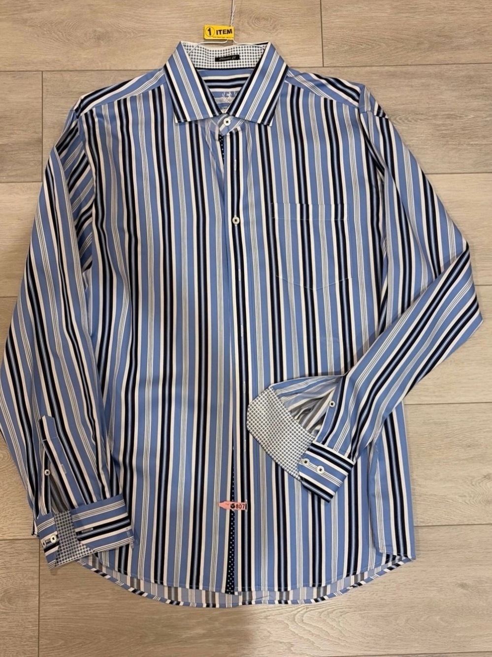 Bugatchi Uomo Blue and White Multi-Stripe Dress Shirt